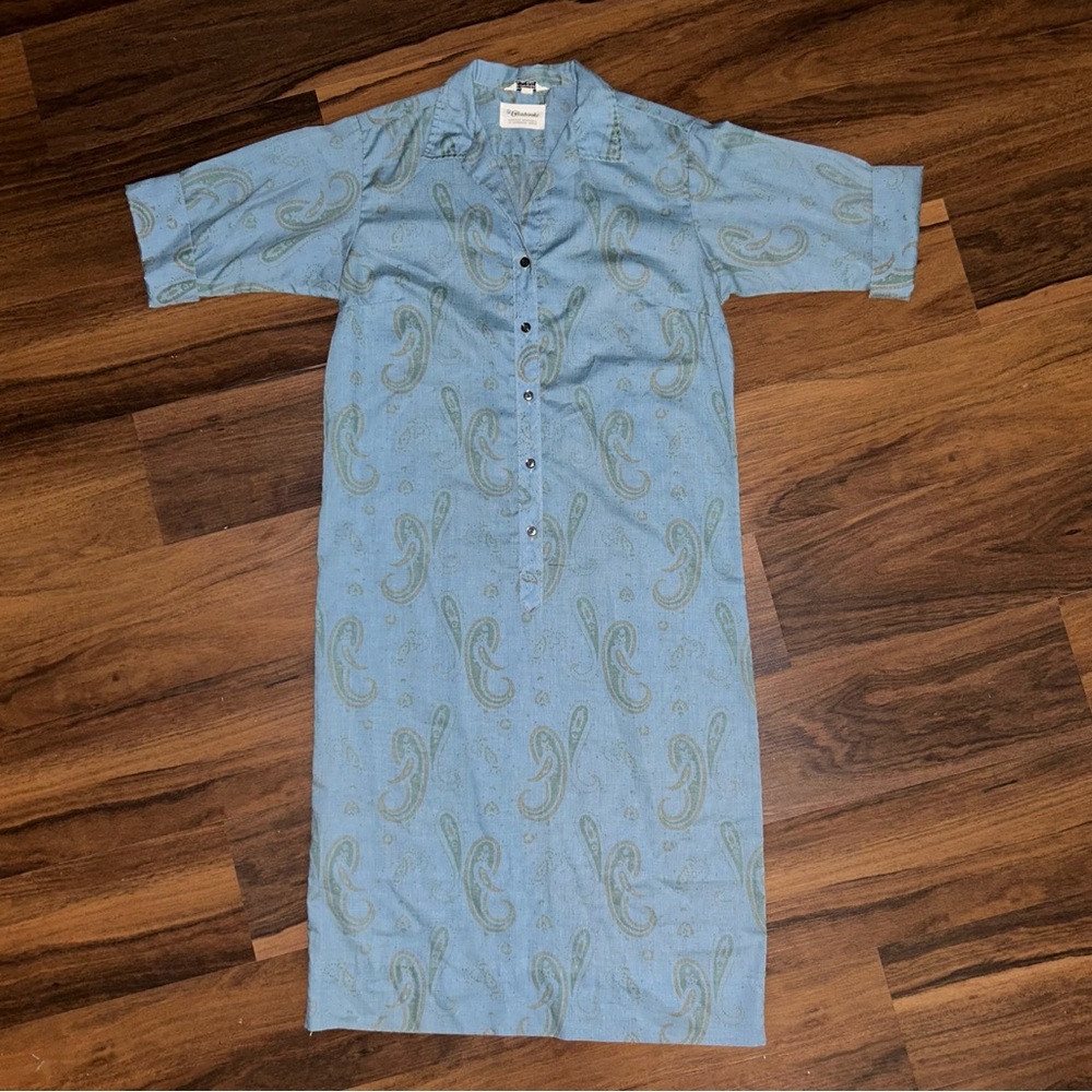 Vintage Glenbrooke 60s Day Dress Womens 9/10 Blue Green Paisley Mod Short Sleeve